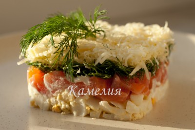 Слоеный салат с семгой — рецепт с сыром и огурцом